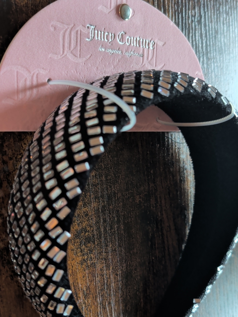 Juicy Couture Black Headband with Silver Rhinestone Squares